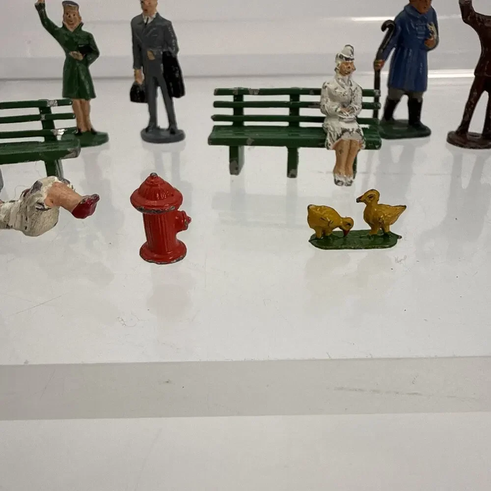 16 Barclay Manoil Painted Lead Traveler Figurines, Benches, Mailbox, Trash, Duck